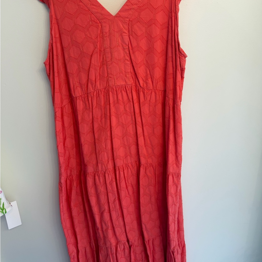 Women’s LOFT Coral with Gold Shimmer Clip Flutter Midi Dress Size Medium - Picture 3 of 6
